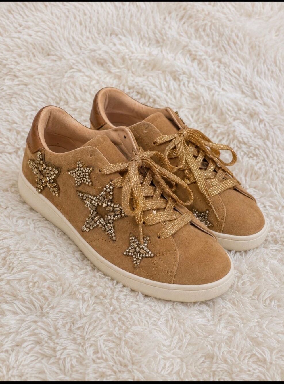 Coach C216 sequin beaded stars tan suede w/metallic gold laces sneakers 10 wome